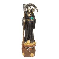 Imagen Santa Muerte sobre Bolsa Dinero 31 cm. (Negro) (c/ Amuleto Base) - Resina, Artesanal