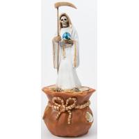 Imagen Santa Muerte sobre Bolsa Dinero 28 cm (Blanca) (c/ Amuleto Base) - Resina
