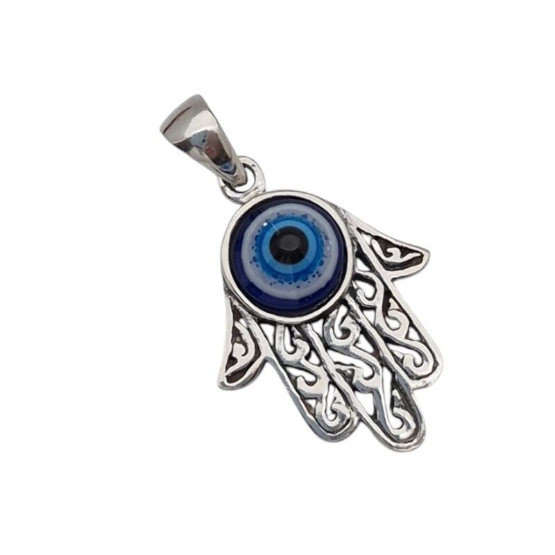 Amuleto Plata Mano Fatima Labrada 2,5 cm con Ojo Turco