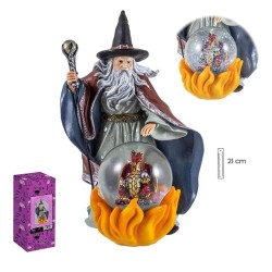 Brujo 20 cm c/ Dragon En Bola Agua - Resina