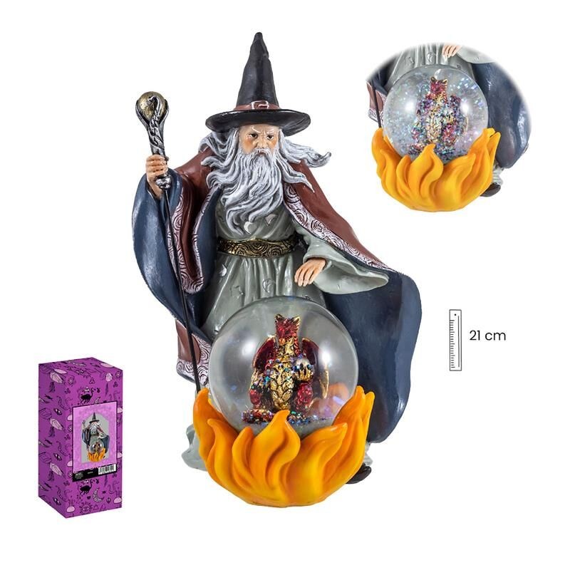 Brujo 20 cm c/ Dragon En Bola Agua - Resina
