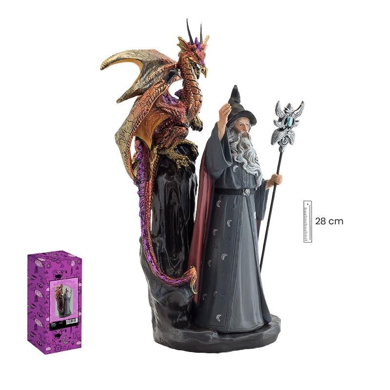Imagen Brujo 25 cm c/ Dragon En Roca - Resina