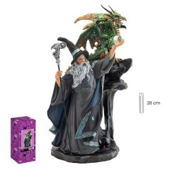 Imagen Brujo 25 cm c/ Dragon En Roca Verde - Resina