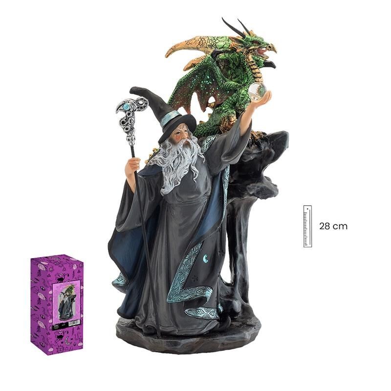 Imagen Brujo 25 cm c/ Dragon En Roca Verde - Resina