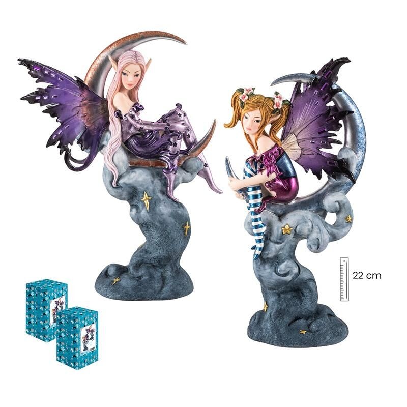 Set 2 Hadas 22 cm c/ Luna Alas Traslucidas 2S - Resina