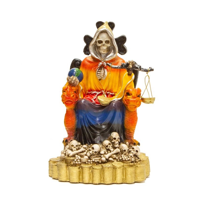 Santa Muerte sobre Trono Imperial Pata de Gallo con balanza  29 cm (7 colores) (c/ Amuleto Base) - R