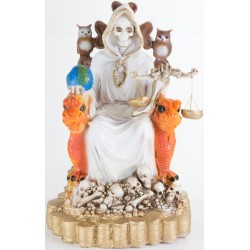 Santa Muerte sobre Trono Imperial Pata de Gallo con Balanza 29 cm (Blanca) (c/ Amuleto Base) - Resin