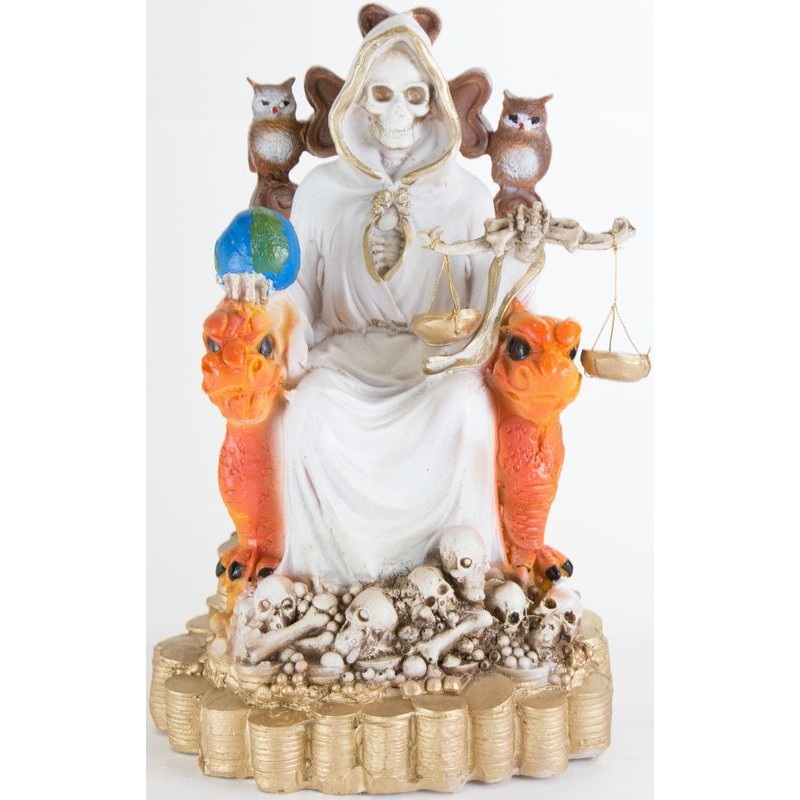 Santa Muerte sobre Trono Imperial Pata de Gallo con Balanza 29 cm (Blanca) (c/ Amuleto Base) - Resin