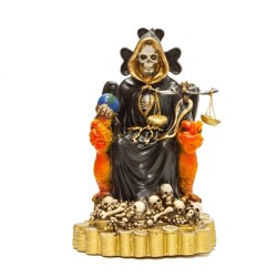 Santa Muerte sobre Trono Imperial Pata de Gallo con Balanza 29 cm (Negra) (c/ Amuleto Base) - Resina