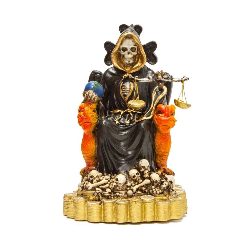 Santa Muerte sobre Trono Imperial Pata de Gallo con Balanza 29 cm (Negra) (c/ Amuleto Base) - Resina