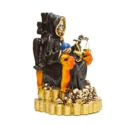 Santa Muerte sobre Trono Imperial Pata de Gallo con Balanza 29 cm (Negra) (c/ Amuleto Base) - Resina
