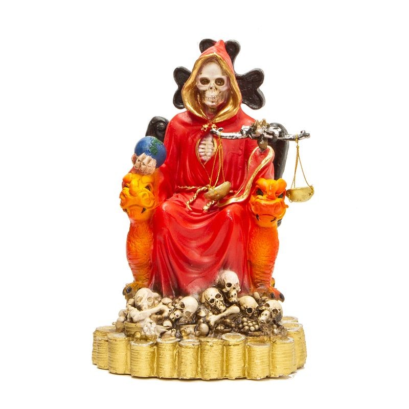 Santa Muerte sobre Trono Imperial Pata de Gallo con Balanza 29 cm (Roja) (c/ Amuleto Base) - Resina