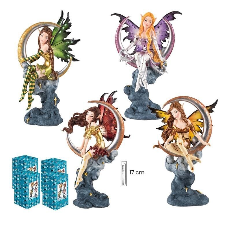 Set 4 Hadas 18 cm c/ Luna Alas Traslucidas - Resina