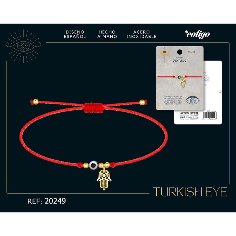 Pulsera Cordon Hilo Encerado rojo con Ojo Turco y Mano