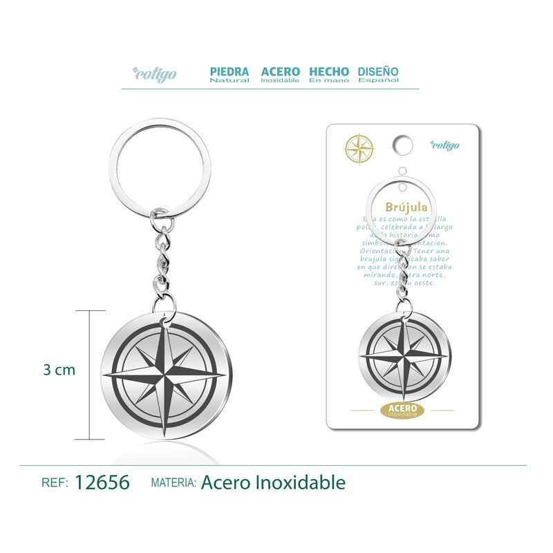 Llavero Brujula grabado en Acero ·