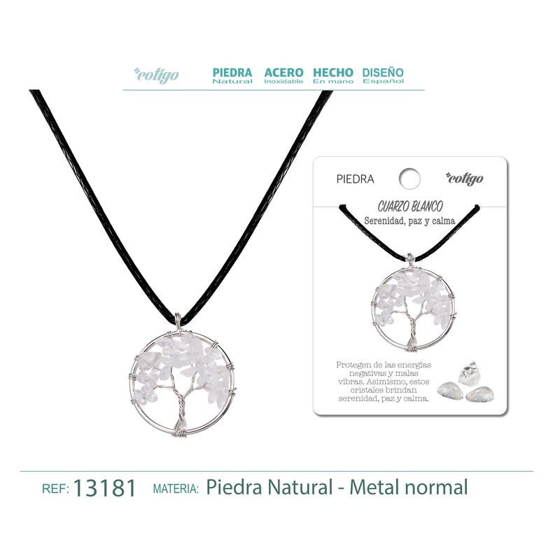 Colgante Arbol De Vida Con Piedra Cuarzo Blanco con cordon