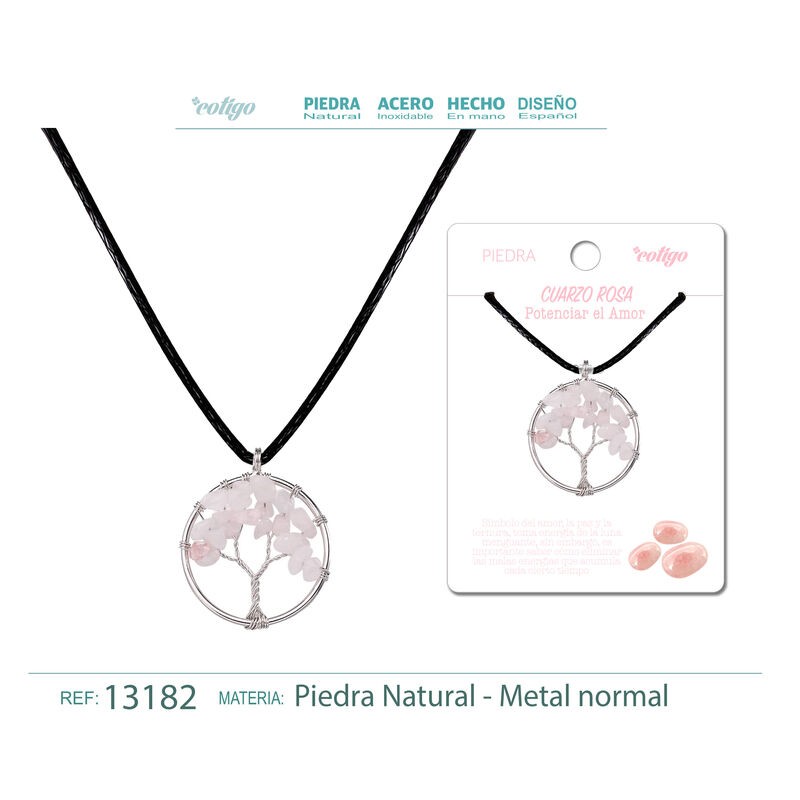 Colgante Arbol De Vida Con Piedra Cuarzo Rosa con cordon