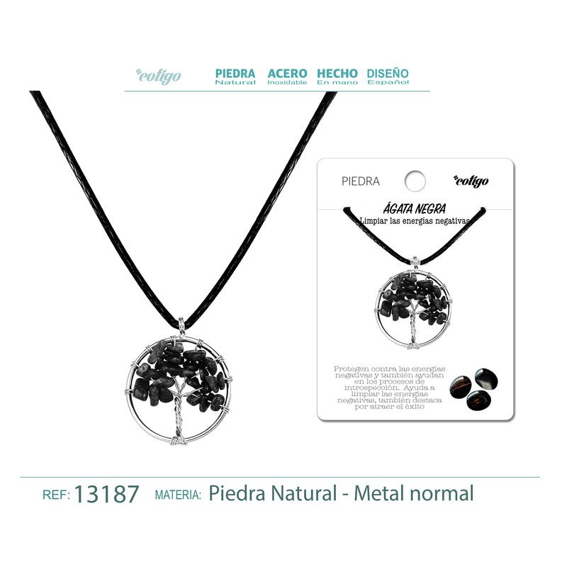 Colgante Arbol De Vida Con Piedra Agata Negra con cordon