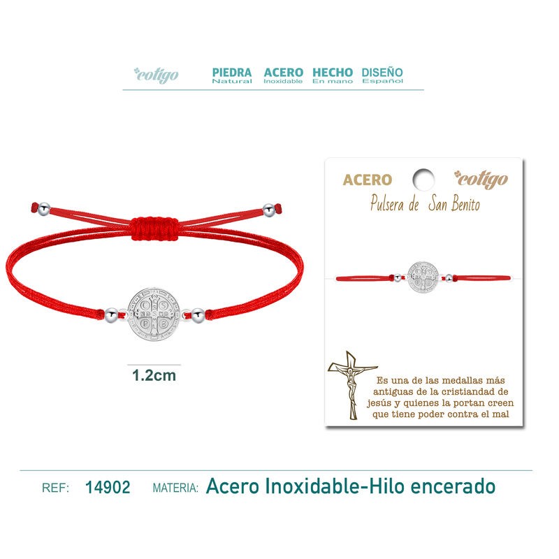 Pulsera Hilo rojo doble Medalla de San Benito en Acero