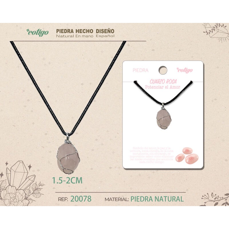 Colgante Piedra Cuarzo Rosa con engarce de alambre plateado