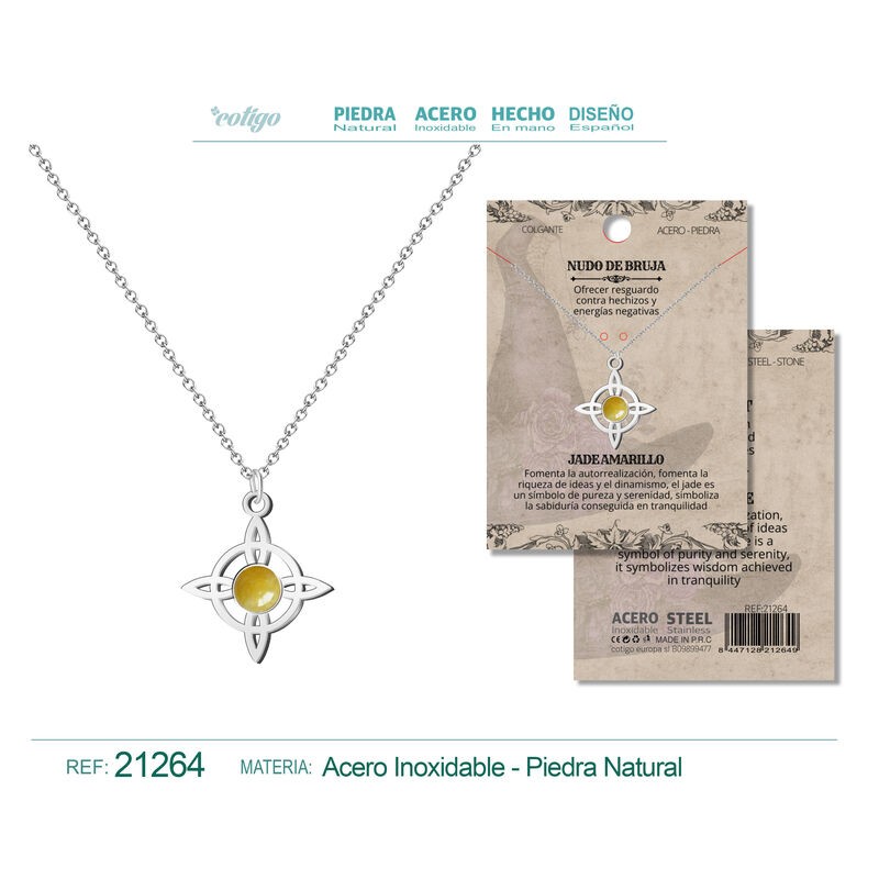 Colgante Nudo De Bruja con Jaspe Amarilla y cadena en Acero