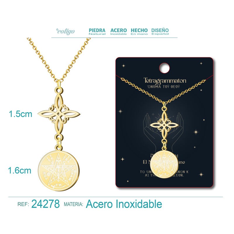 Colgante Tetragramaton y Nudo de Bruja - Acero Dorado