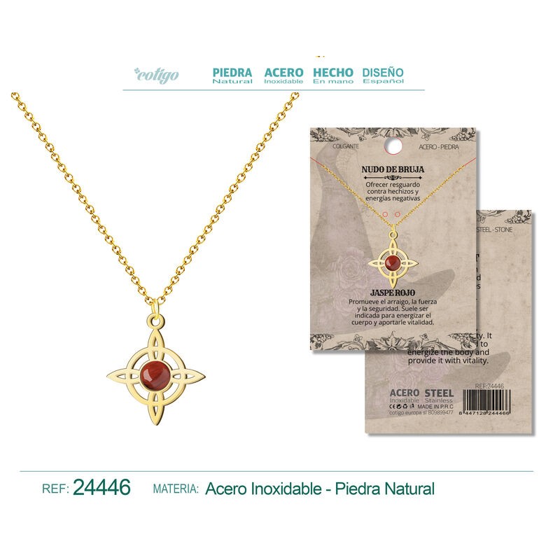 Colgante Nudo De Bruja con Jaspe Rojo y cadena en Acero