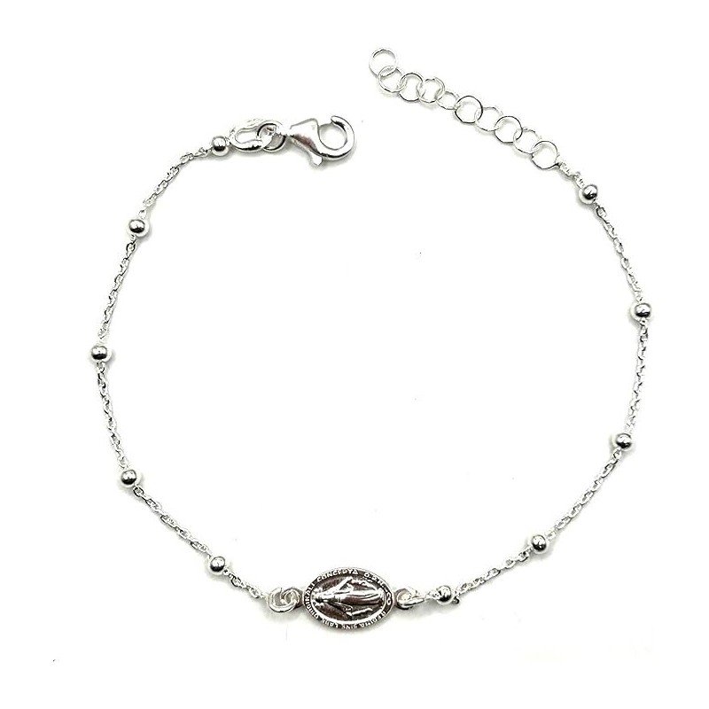 Pulsera Plata Virgen de la Milagrosa con bolas 16 a 19 cm