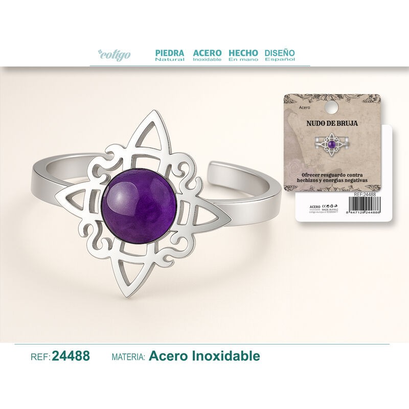 Anillo Nudo de Bruja con Amatista Acero Plateado (P2) ·