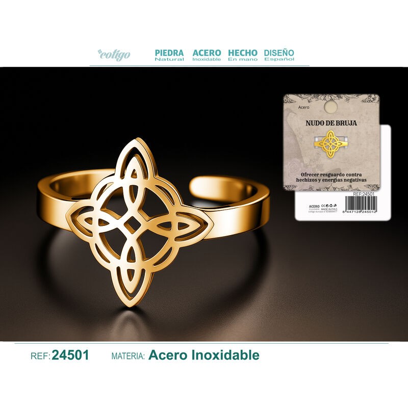 Anillo Nudo de Bruja Acero Dorado (P2) ·
