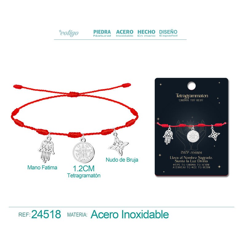 Pulsera 7 Nudos Con Tetragrammaton, Nudo De Bruja y Mano