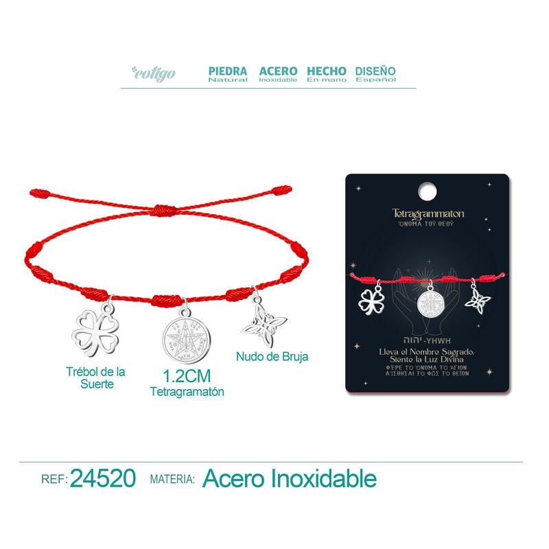 Pulsera 7 Nudos con Tetragrammaton, Nudo De Bruja y Trebol