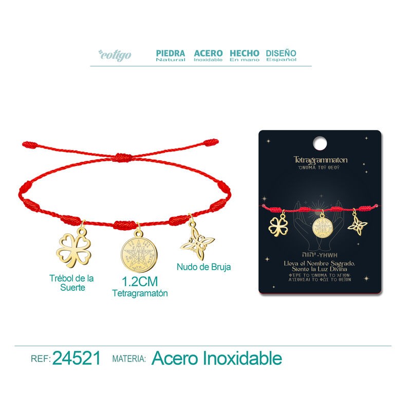 Pulsera 7 Nudos con Tetragrammaton, Nudo De Bruja y Trebol