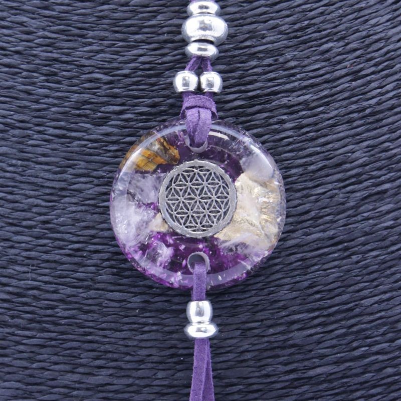 Collar Orgon Flor de la Vida Morado con Abalorios (3,7 cm Ajustable)