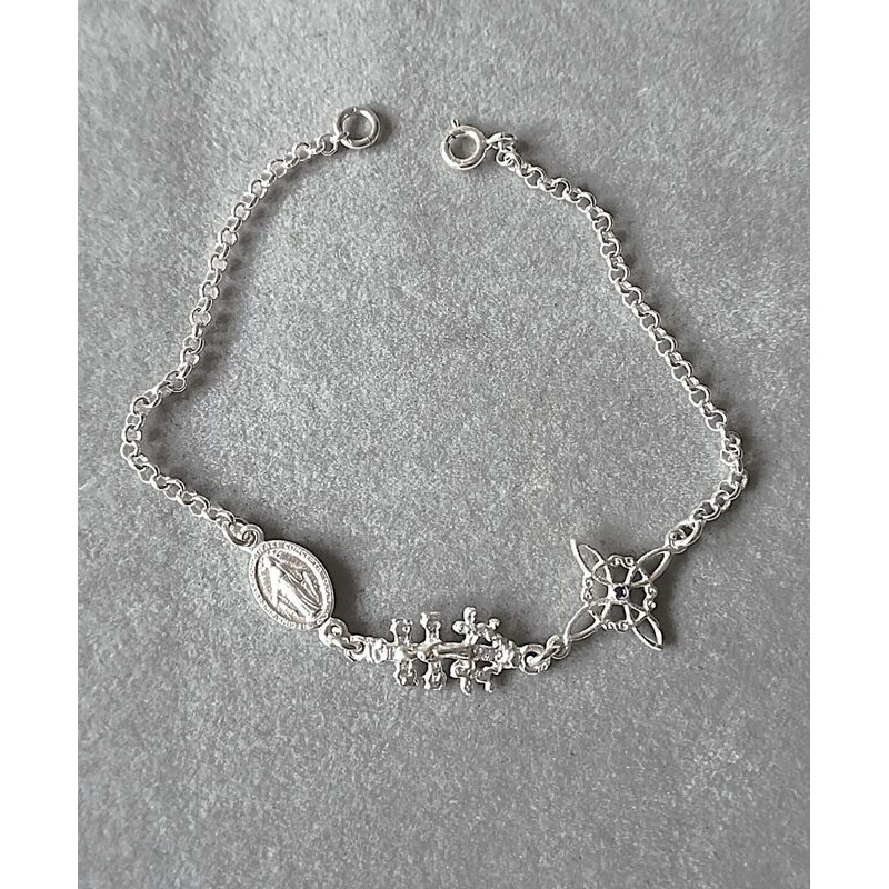 Pulsera Plata Triple Protección Nudo Brujas, Cruz Caravaca
