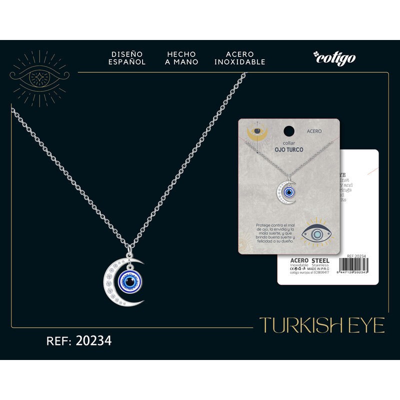 Collar Ojo Turco Con Luna Acero Color Plateado (P2)