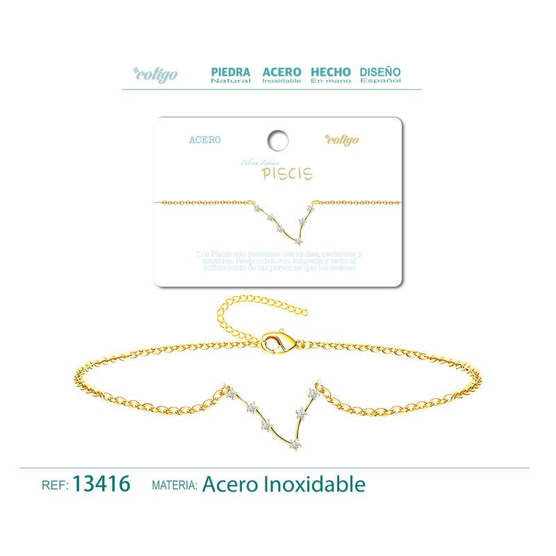 Pulsera Mapa Estelar Del Zodiaco Piscis Acero Dorado (P2)