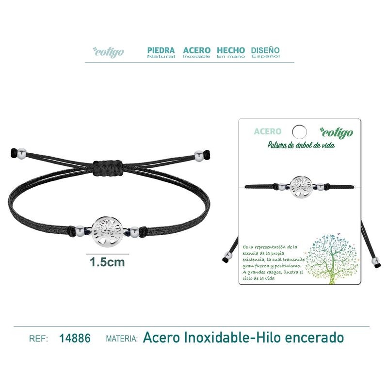 Pulsera Hilo Negro Arbol de la Vida Acero Plateado (P2)