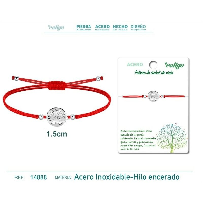 Pulsera Hilo Rojo Arbol de la Vida Acero Plateado (P2)