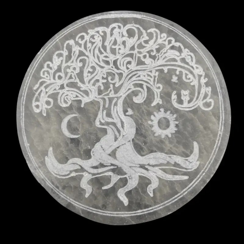 Placa de Selenita con grabado Árbol de la Vida Mod.A - 10 cm