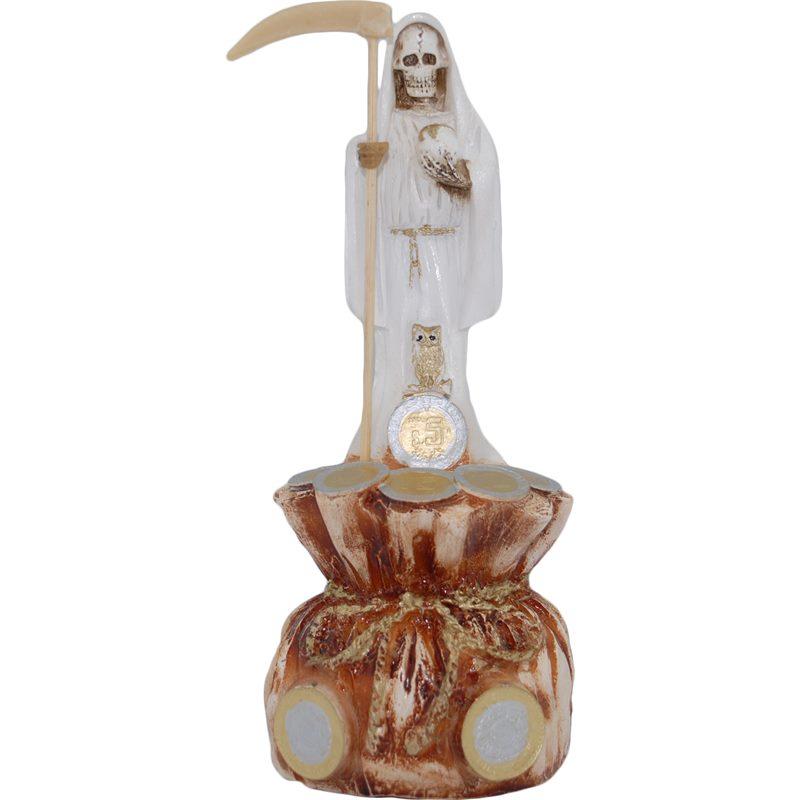 Imagen Santa Muerte sobre Bolsa Dinero 23 cm. (Blanca) (c/ Amuleto Base) -  Resina(has)